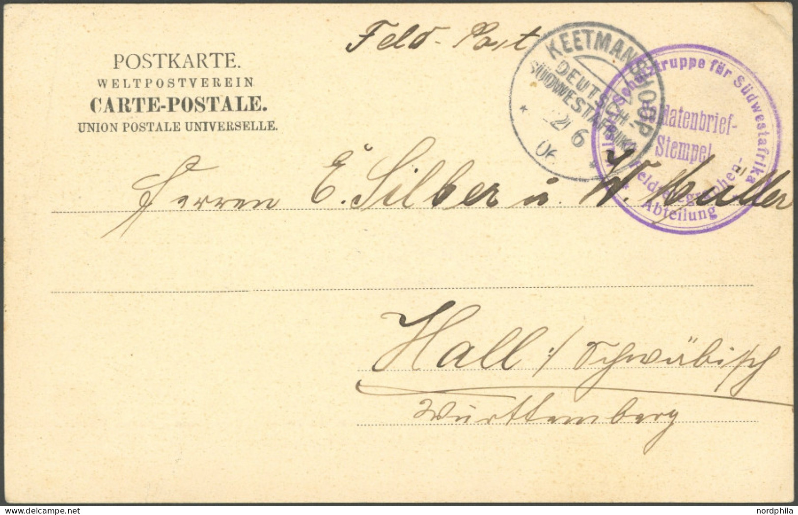 DSWA KEETMANSHOOP, ?2.6.1906, Auf Feldpostkarte Mit Soldatenbriefstempel KAISERLICHE SCHUTZTRUPPE FELDPOSTTELEGRAPHEN-AB - África Del Sudoeste Alemana