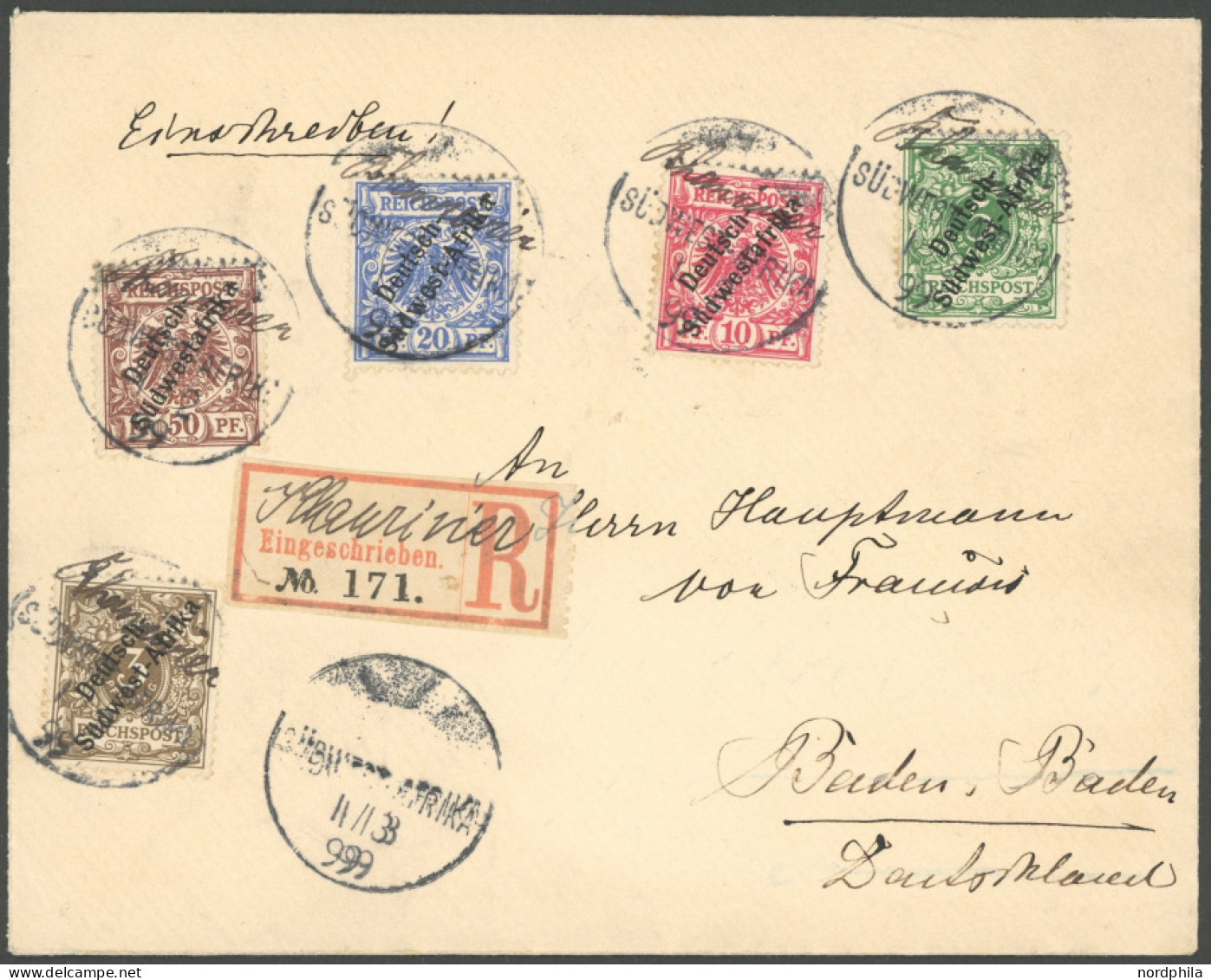 DSWA 1,2,4,7,10 BRIEF, KHANRIVIER, Handschriftlich Auf Wanderstempel I, 1.3.99, Einschreibbrief Mit 5 Verschiedenen Wert - German South West Africa