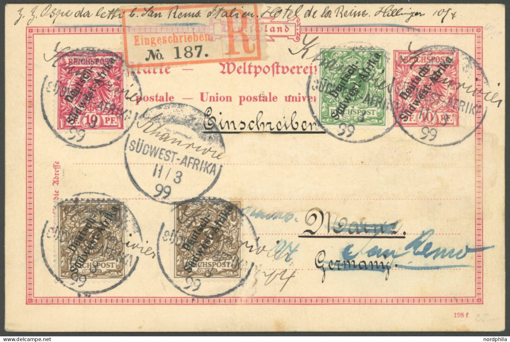 DSWA 1a,2,3 BRIEF, Khanrivier, 11.3.1899, Handschriftlich Auf Wanderstempel I, 6 Abschläge Auf 10 Pf. Ganzsachenkarte (P - Deutsch-Südwestafrika