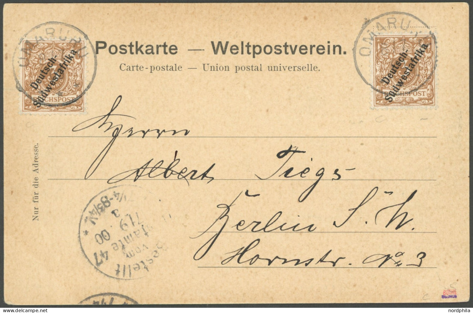 DSWA 5b BRIEF, OMARURU, 8.7.00, Auf Ansichtskarte Mit 2 Mal 3 Pf. Nach Berlin, Pracht, R! Gepr. U.a. Bothe - German South West Africa