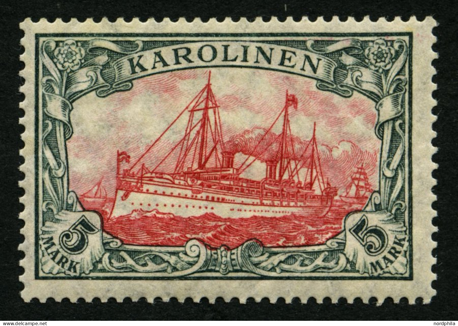 KAROLINEN 22IA , 1915, 5 M. Grünschwarz/dunkelkarmin, Mit Wz., Friedensdruck, Falzreste, Pracht, Mi. 240.- - Islas Carolinas