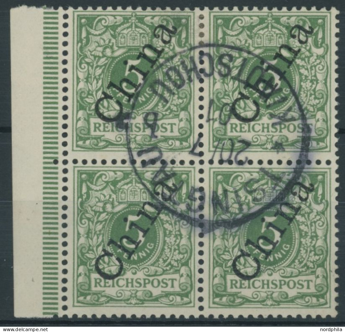 KIAUTSCHOU M 2II VB O, 1901, 5 Pf. Steiler Aufdruck Im Randviererblock, Zentrischer Stempel TSINGTAU KIAUTSCHOU B, Prach - Kiaochow