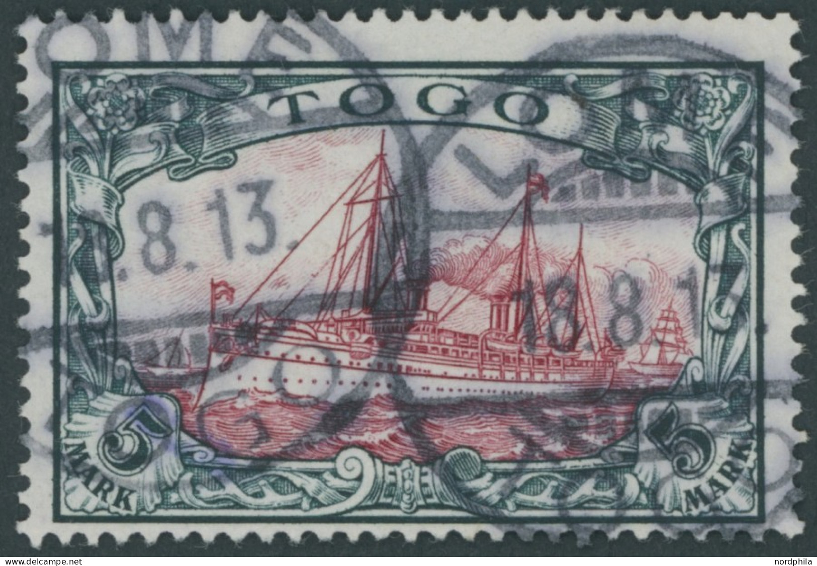 TOGO 19I O, 1900, 5 M. Grünschwarz/bräunlichkarmin, Ohne Wz., Mit Plattenfehler Wolke (Retusche) Zwischen Den Halteseile - Togo