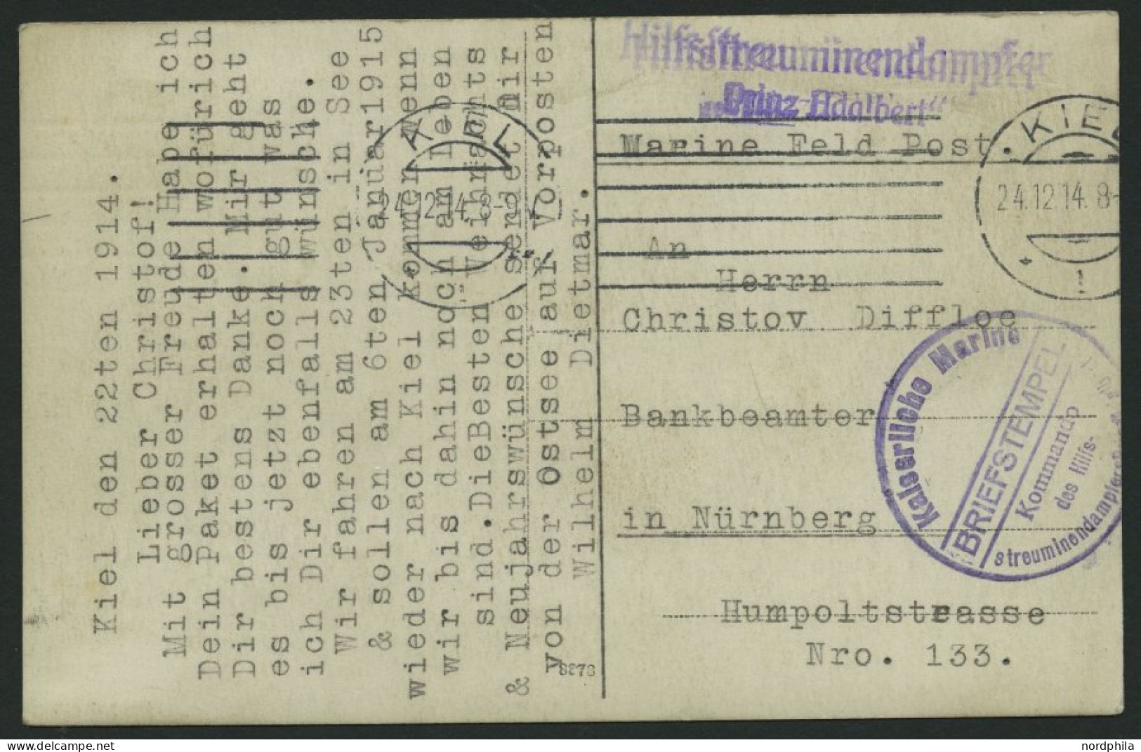 MSP VON 1914 - 1918 (Hilfsstreuminendampfer PRINZ ADALBERT), 22.12.1914, Violetter Briefstempel, Feldpost-Ansichtskarte  - Schiffahrt