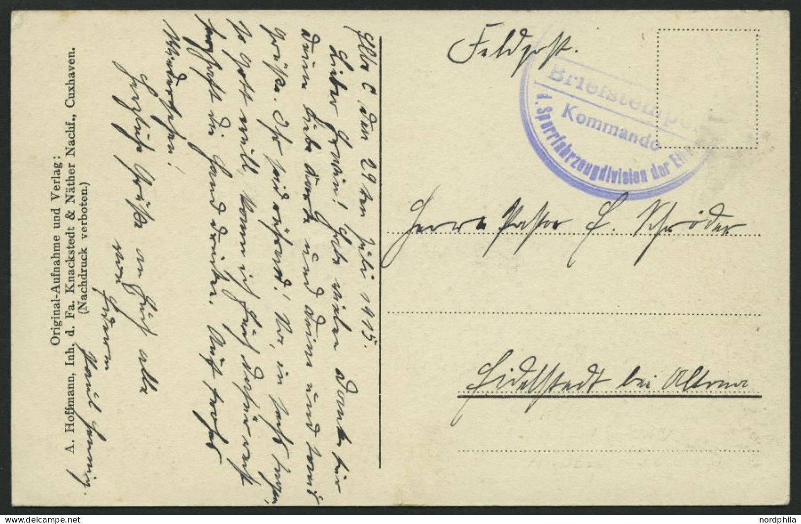 MSP VON 1914 - 1918 (Sperrfahrzeugdivision Der Elbe), 29.7.1915, Blauvioletter Briefstempel, Feldpost-Ansichtskarte Von  - Maritime