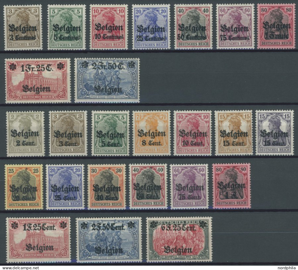 LANDESPOST IN BELGIEN 1-25 , 1914-16, Freimarken, Falzreste, 2 Prachtsätze, Mi. 195.- - Ocupación 1914 – 18