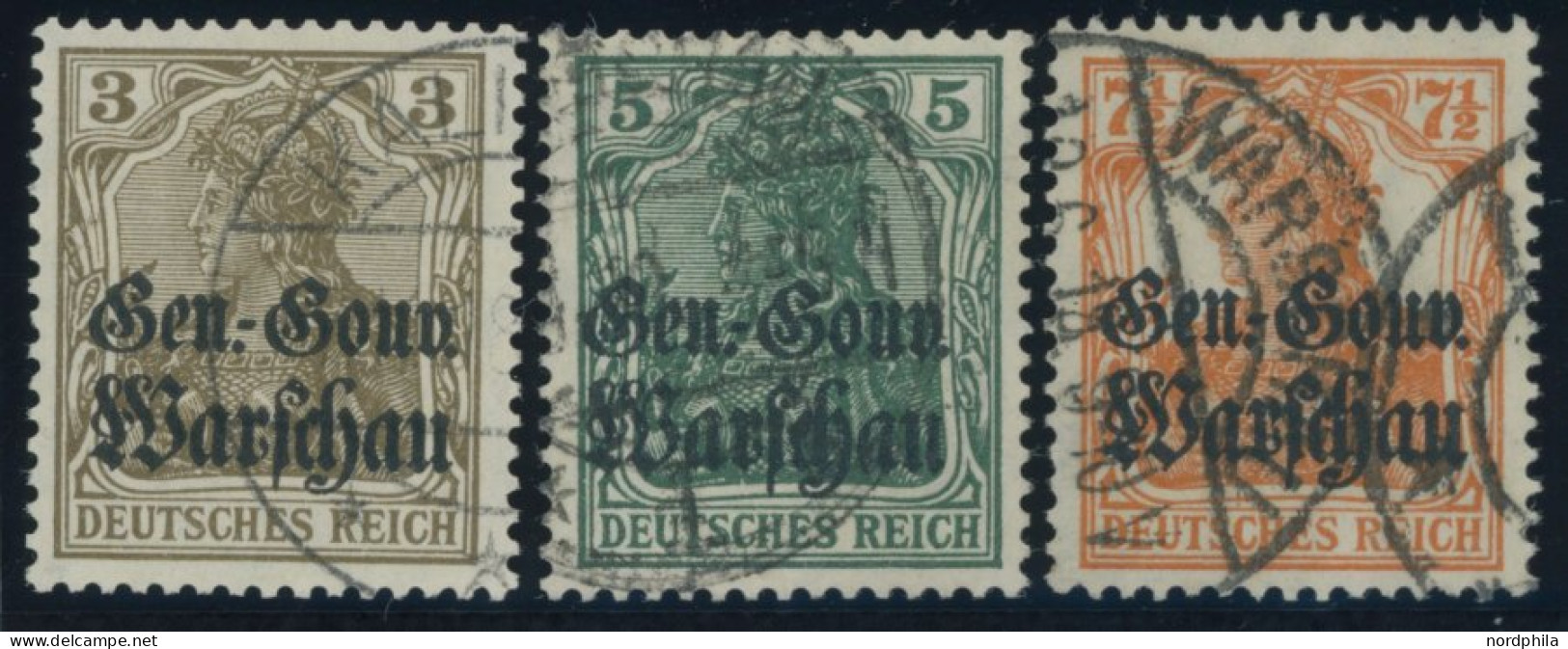 DEUTSCHE POST IN POLEN 7-9b O, 1916, 3 - 71/2 Pf., Aufdruck Matt, 3 Prachtwerte, Gepr. Hey/Dr. Hochstädter, Mi. 80.- - Besetzungen 1914-18