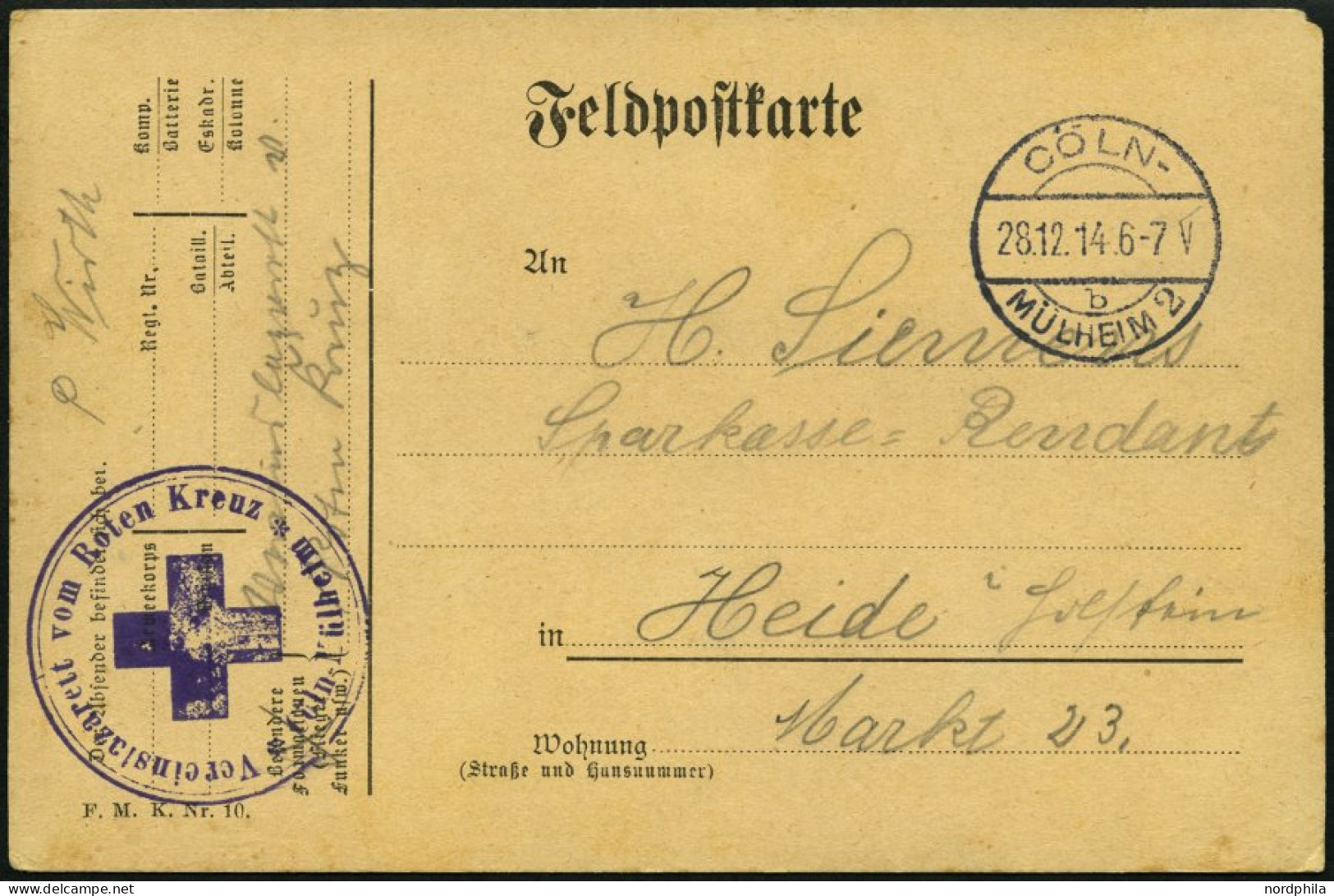 FELDPOST I.WK 1914, Feldpostkarte Aus Dem Rotkreuz-Vereinslazarett Cöln/Mühlheim Nach Heide, Mit Violettem Lazarettstemp - Cartas & Documentos