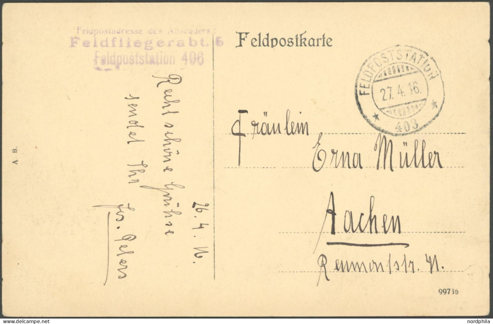 FELDPOST I.WK 1916, Feldpost-Ansichtskarte Mit L3 FELDFLIEGERABT. 6, FELDPOSTSTATION 406 Auf Ansichtskarte Nach Aachen,  - Ocupación 1914 – 18