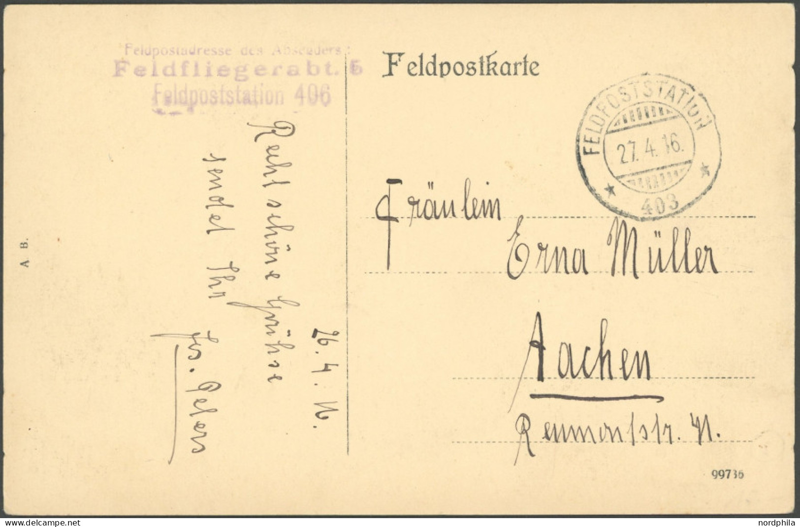 FELDPOST I.WK 1916, Feldpost-Ansichtskarte Mit L3 FELDFLIEGERABT. 6, FELDPOSTSTATION 406 Auf Ansichtskarte Nach Aachen,  - Besetzungen 1914-18