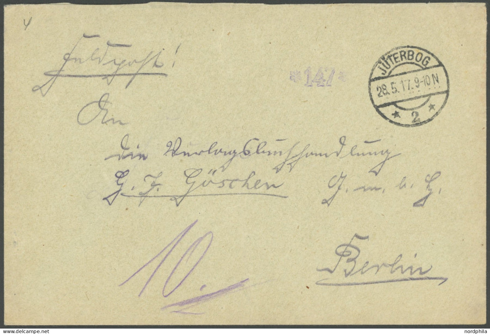 FELDPOST I.WK 1917, Feldpostbrief Mit Absender Hauptwetterwarte D. Heimat Aus JÜTEBORG, Pracht - Besetzungen 1914-18