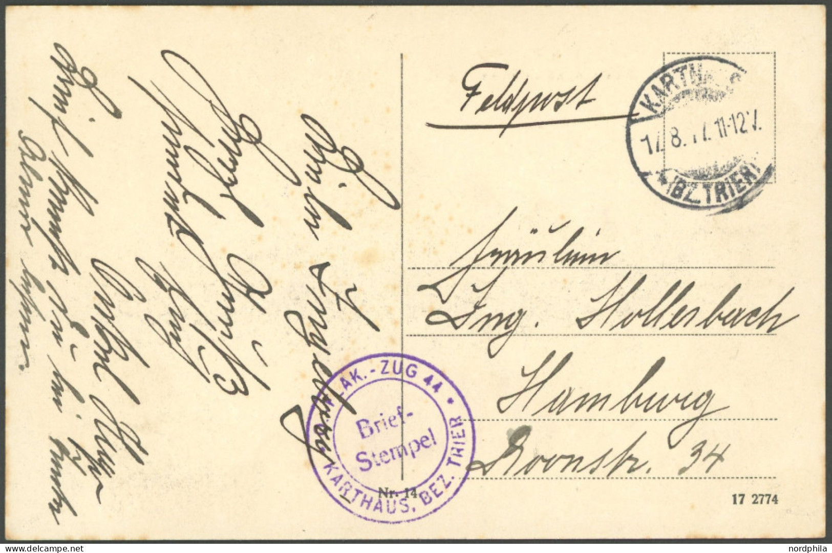 FELDPOST I.WK 1917, Feldpostkarte Mit Briefstempel KARTHAUS.BEZ.TRIER, Pracht - Bezetting 1914-18