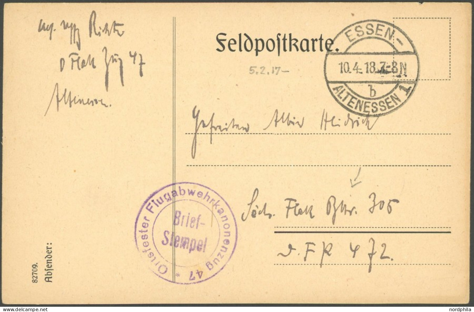 FELDPOST I.WK 1918, Feldpostkarte Mit Violettem Briefstempel ORTSFESTER FLUGABWEHRKANONENZUG 47 An Sächs. Flak Bttr. 305 - Occupation 1914-18