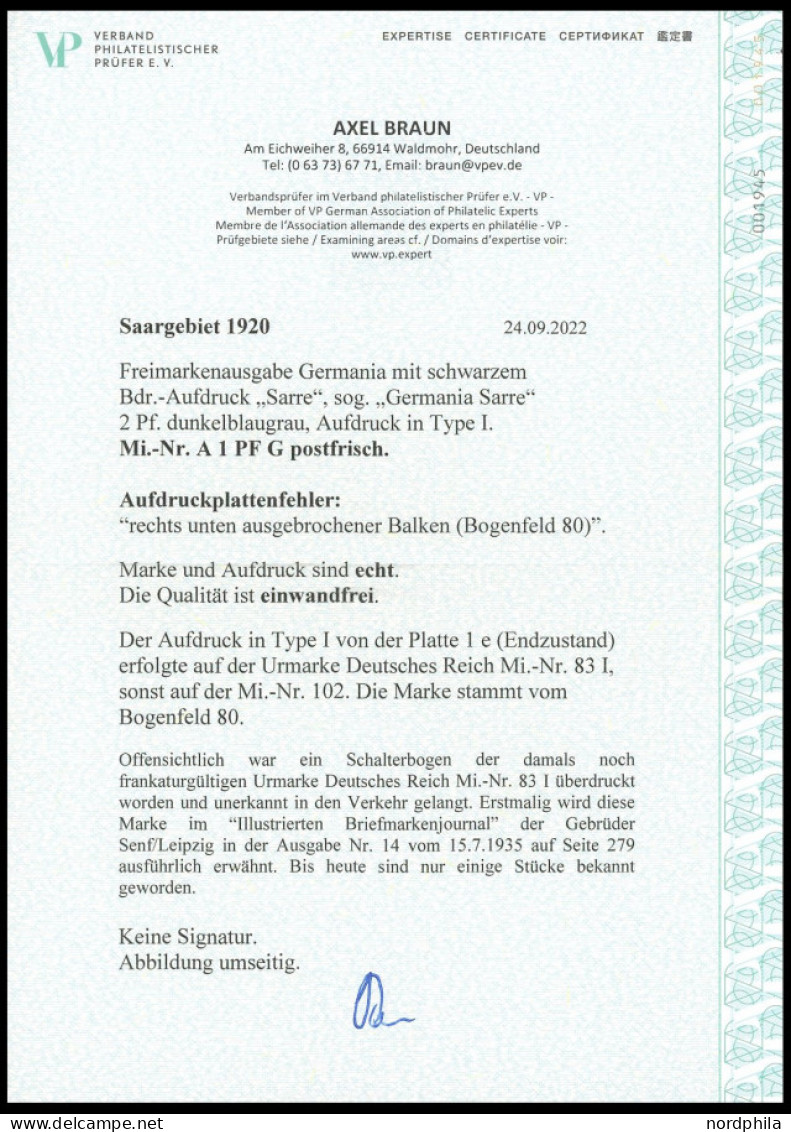 SAARGEBIET A 1 PF G , 1920, 2 Pf. Dunkelblaugrau (schraffierter Hintergrund) Aufdruck Irrtümlich Auf Dt. Reich Mi.Nr. 83 - Otros & Sin Clasificación