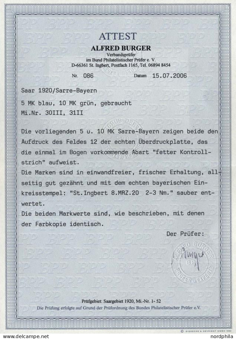 SAARGEBIET 30III,31II BrfStk, 1920, 5 Und 10 M. Bayern-Sarre, Je Mit Abart Fetter Kontrollstrich (Feld 12), 2 Prachtbrie - Andere & Zonder Classificatie