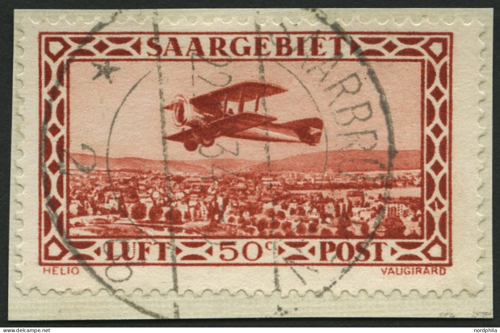SAARGEBIET 126III BrfStk, 1928, 50 C. Flugpost Mit Abart Unteres Viereck Im Rechten Rahmen Senkrecht Gespalten, Prachtbr - Sonstige & Ohne Zuordnung