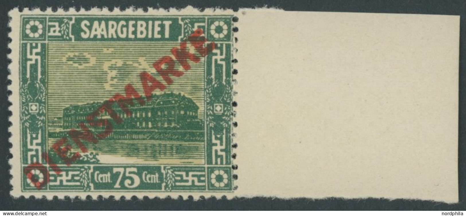 SAARGEBIET D 10 , 1922, 75 C. Steingutfabrik, Rechtes Randstück, Postfrisch, Pracht, Mi. 100.- - Dienstzegels