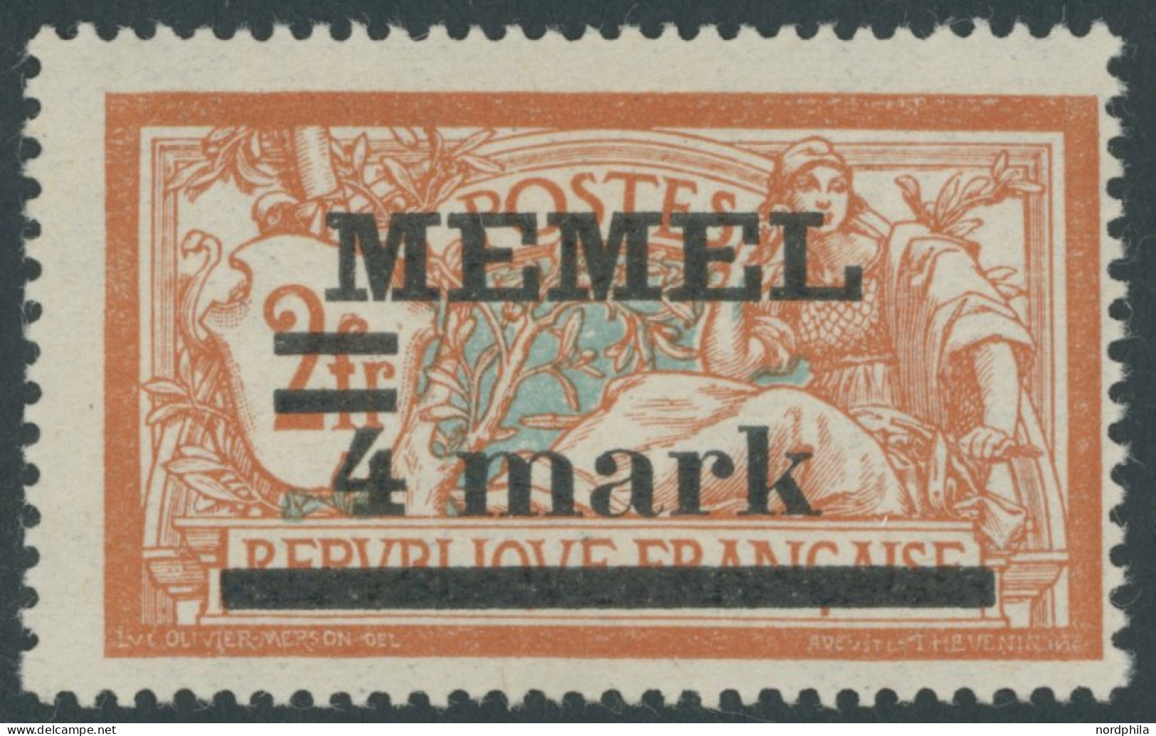 MEMELGEBIET 31IyPF Ia , 1920, 4 M. Auf 2 Fr. Rötlichorange/hellgrünlichblau, Type I, Mit Aufdruckfehler Querbalken Der 4 - Memelgebiet 1923