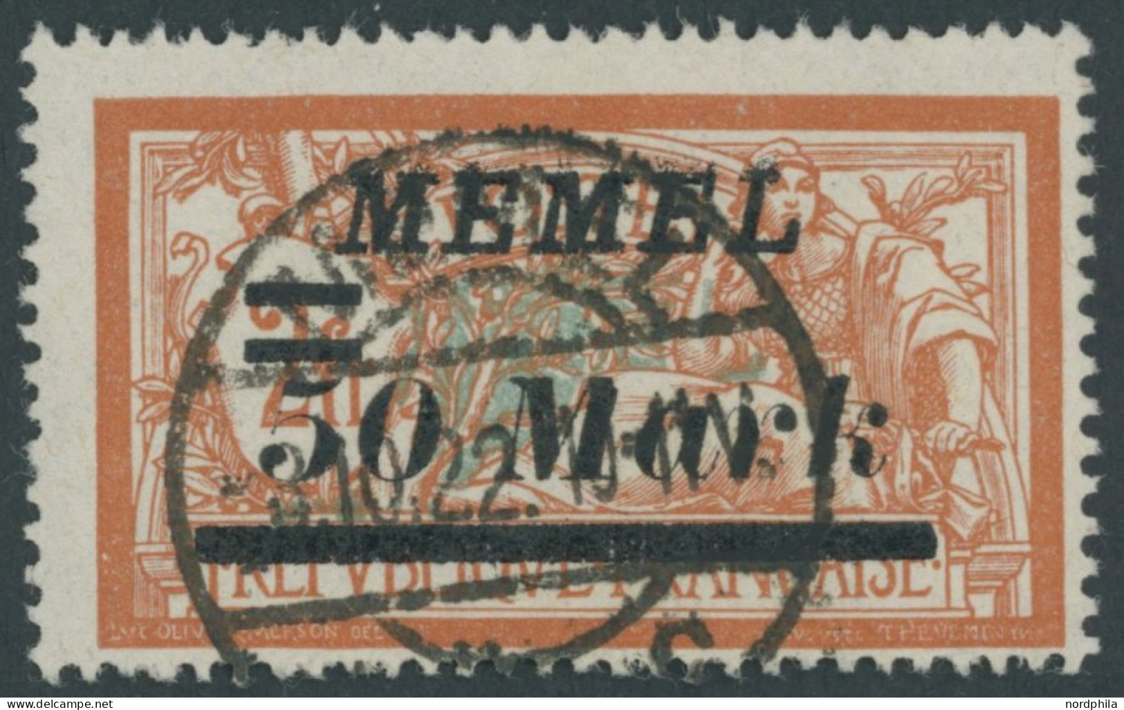 MEMELGEBIET 97 O, 1922, 50 M. Auf 2 Fr. Rötlichorange/hellgrünlichblau, Pracht, Gepr. Huylmans, Mi. 60.- - Memel (Klaipeda) 1923