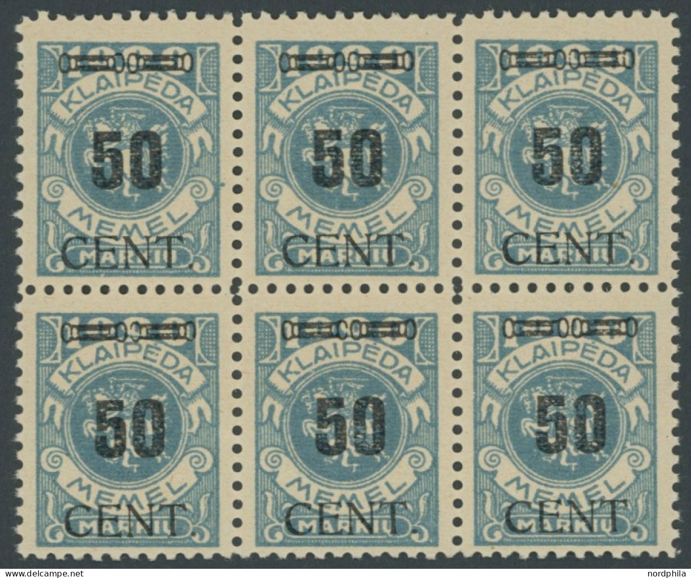 MEMELGEBIET 191 , 1923, 50 C. Auf 1000 M. Grünlichblau Im Sechserblock, Postfrisch, Pracht, Mi. (180.-) - Memelland 1923