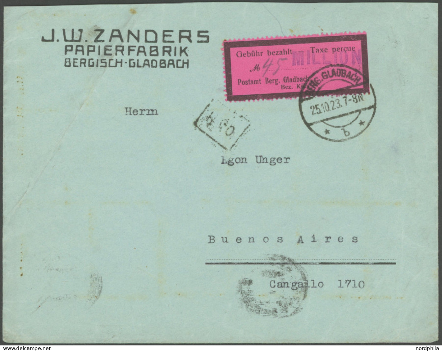 DEUTSCHE LOKALAUSGABEN 1AIII BRIEF, BERGISCH GLADBACH: 1923, 45 Mio., Dreiseitig Gezähnter Gebührenzettel, Wertangabe MI - Lettres & Documents