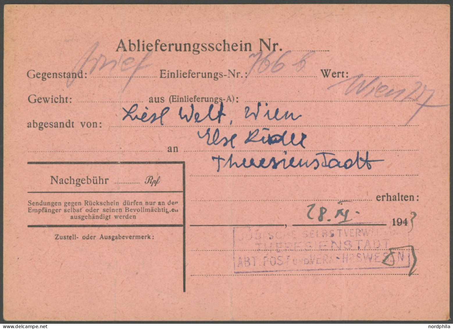 BÖHMEN UND MÄHREN Theresienstadt: 1944, Rosa Ablieferungs-Rückschein, Pracht - Sonstige & Ohne Zuordnung
