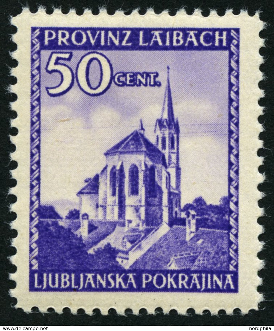 LAIBACH 49I , 1945, 50 C. Violett Mit Abart 2 Telegraphendrähte In Höhe Des Kirchturms, Pracht, Mi. 140.- - Besetzungen 1938-45