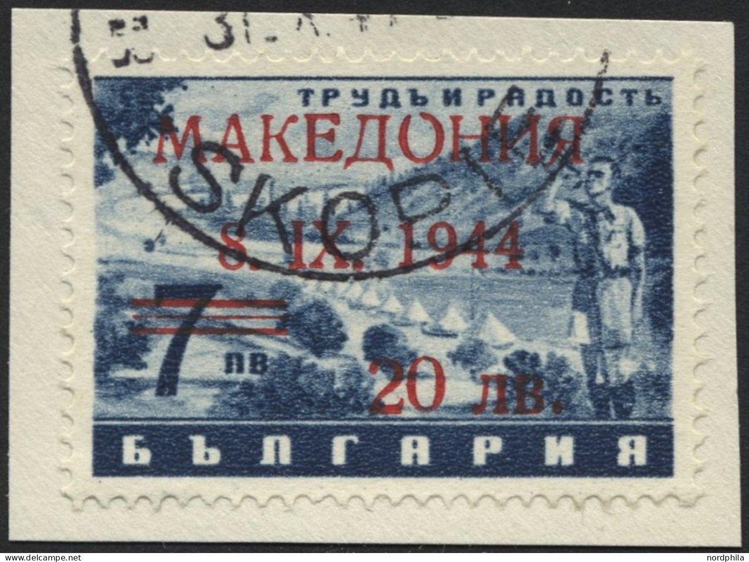 MAKEDONIEN 7IX BrfStk, 1944, 20 Auf 7 L. Schwarzblau Mit Abart Offenes O In Makedonia, Prachtbriefstück, Gepr. Brunel Un - Bezetting 1938-45