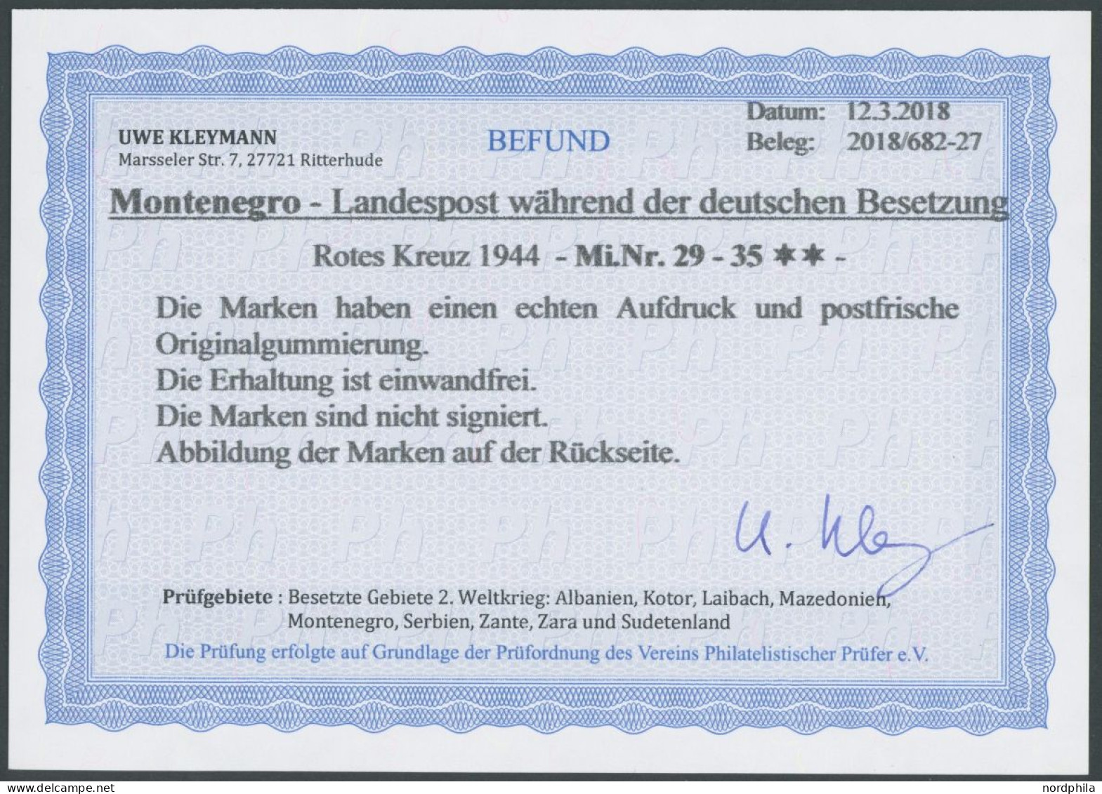 MONTENEGRO 29-35 , 1944, Rotes Kreuz, Postfrischer Prachtsatz, Fotobefund Kleymann, Mi. (400.-) - Occ. Allemande: Montenegro