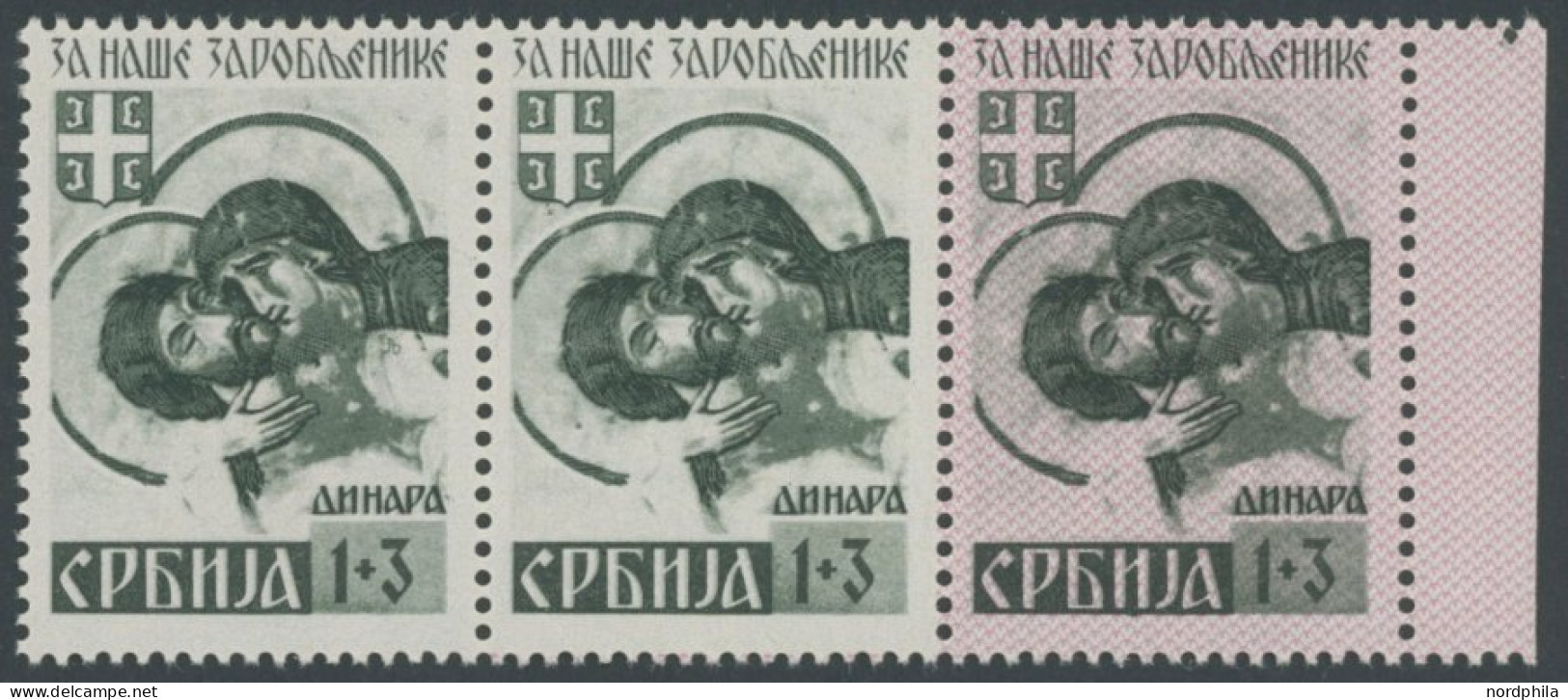 SERBIEN 55AII , 1941, 1 D. Kriegsgefangene Mit Stecherzeichen Im Dreierstreifen Mit Nr. 55II Und AI, Postfrisch, Pracht, - Bezetting 1938-45