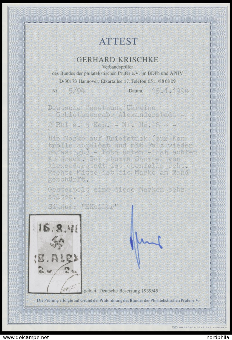 UKRAINE 8 BrfStk, 1942, 2 Rbl. Auf 5 K. Bräunlichrot Auf Briefstück, Marke Zur Kontrolle Gelöst Und Mit Falz Befestigt,  - Bezetting 1938-45