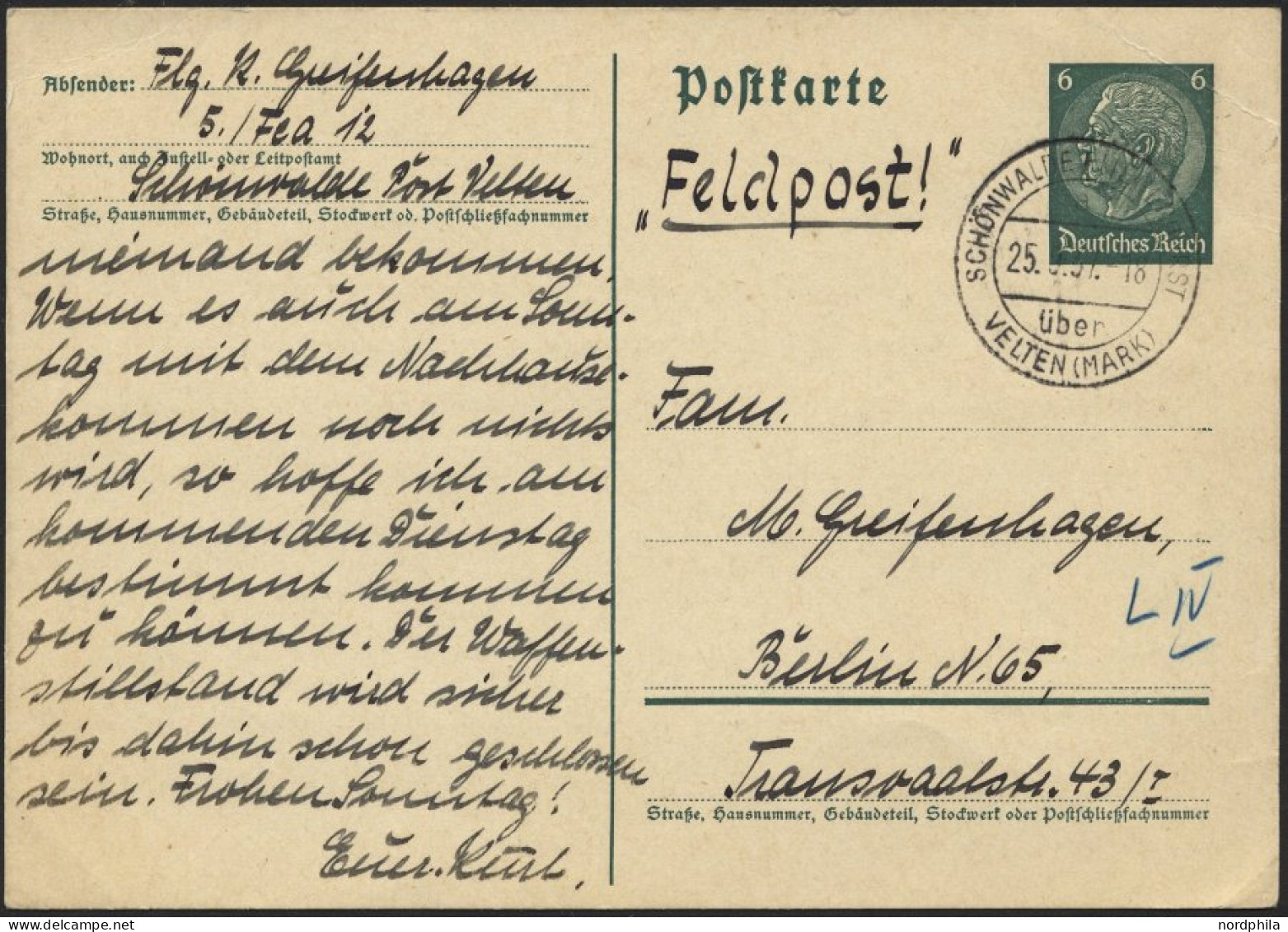 FELDPOST II. WK BELEGE P 226 BRIEF, 1937, 6 Pf. Graugrün Ganzsachen-Manöverkarte Mit Absender Flieger 5/Fea 12/Schönwald - Bezetting 1938-45
