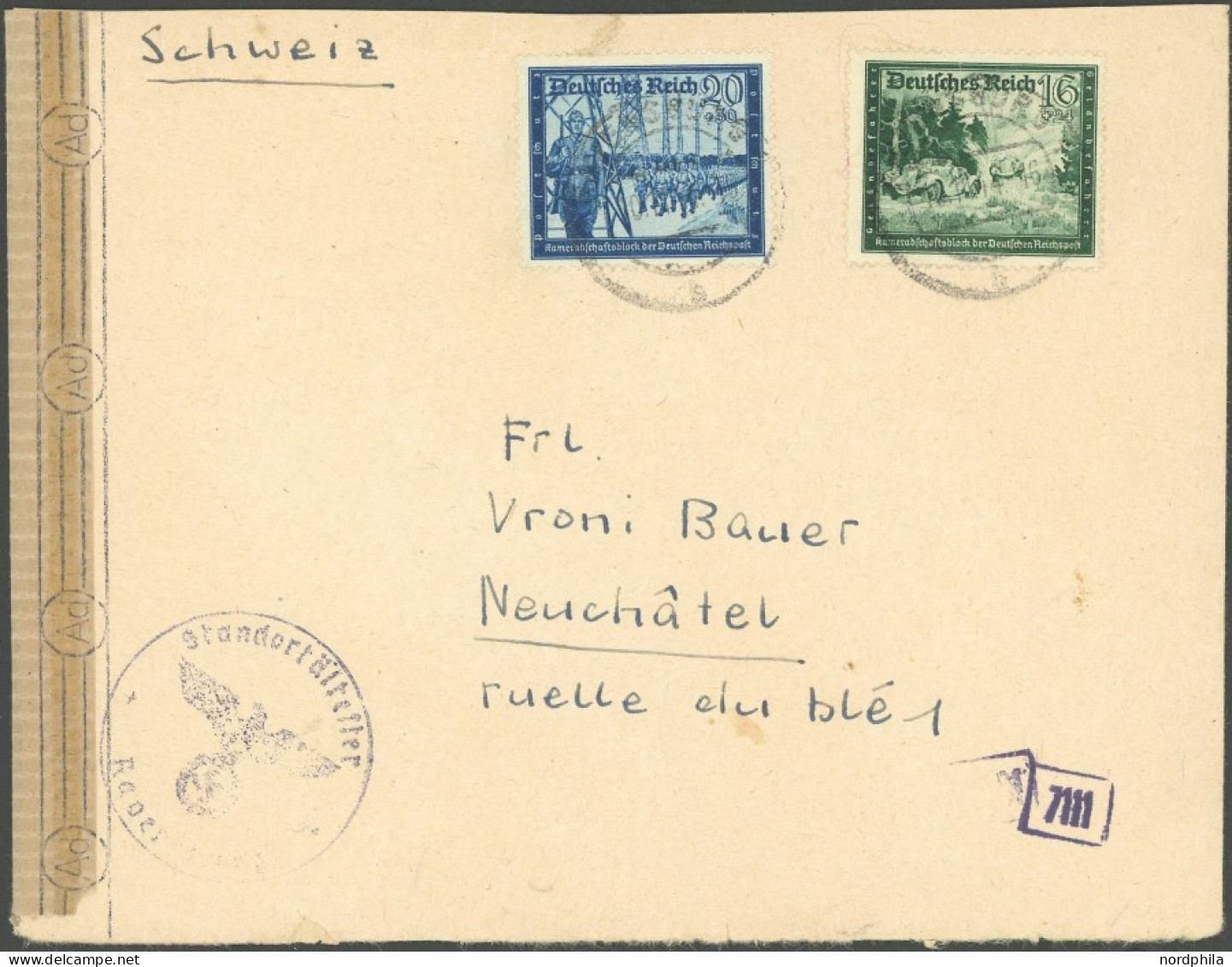 FELDPOST II. WK BELEGE 1944, Zensurbrief Mit Adlerstempel STANDORTSÄLTESTER RAVENSBURG Und Verschlußstreifen In Die Schw - Bezetting 1938-45