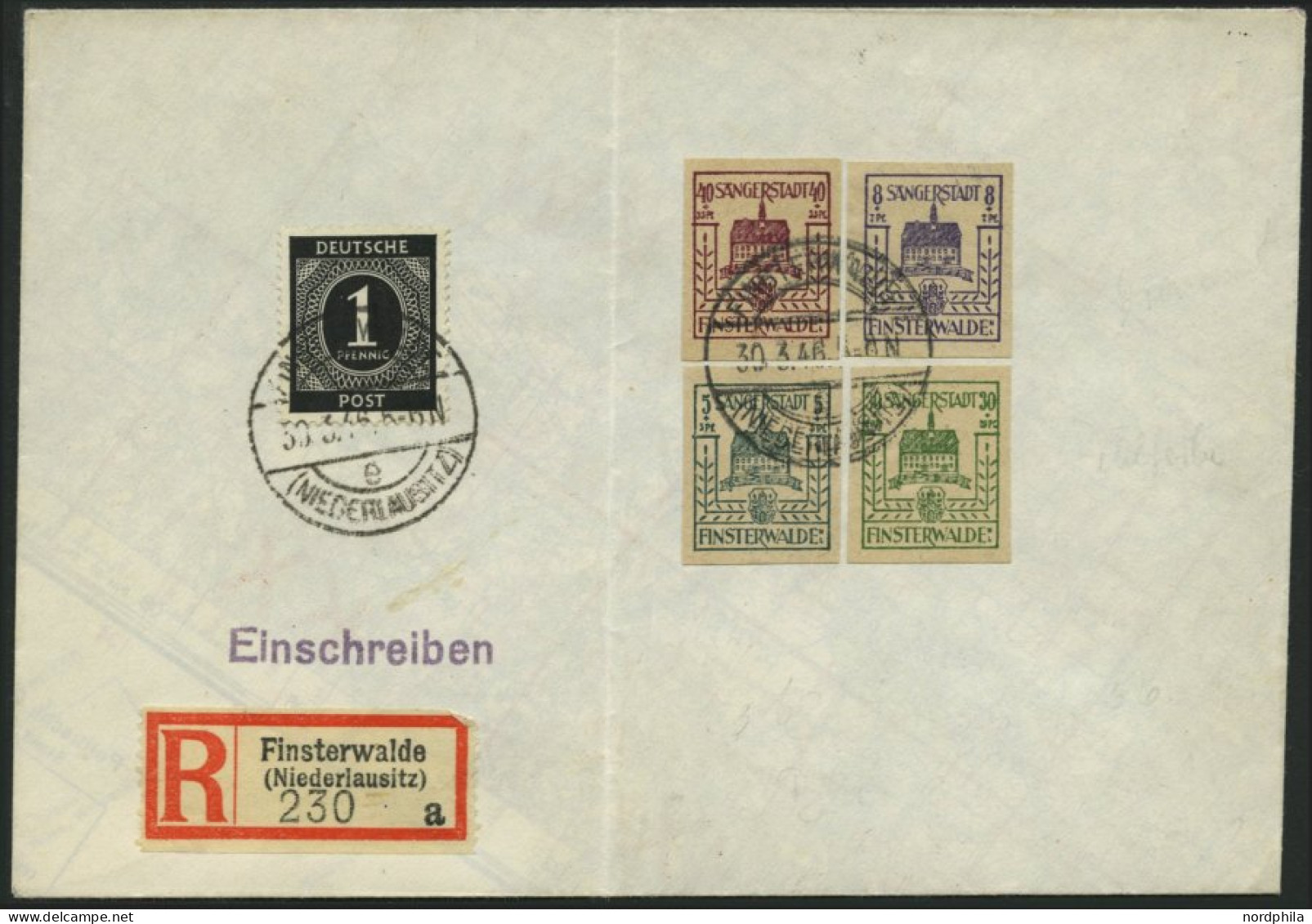 FINSTERWALDE 3,5,9b BRIEF, 1946, 8 Pf. Dunkelblauviolett Mit 5 Und 30 Pf. Wiederaufbau Zusatzfrankatur Auf Einschreibbri - Privatpost