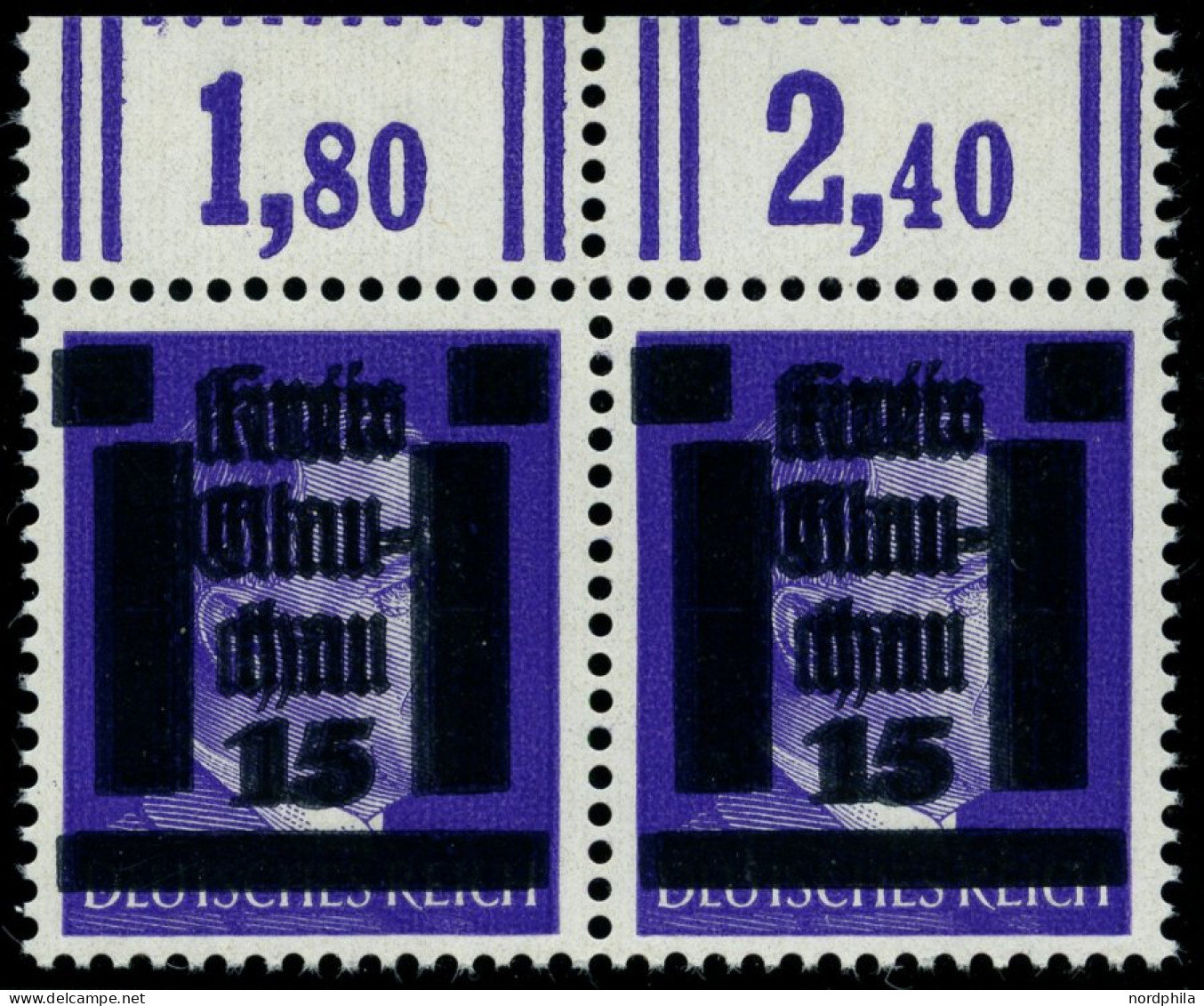 GLAUCHAU 5aDDV Paar , 1945, 15 Auf 6 Pf. Lebhaftblauviolett Doppelaufdruck Im Waagerechten Paar, Ein Wert Mit Abart R In - Privatpost