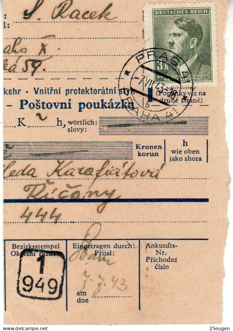 BOHEMIA & MORAVIA 1943 PRINT SENT FROM PRAG TO RICANY - Briefe U. Dokumente