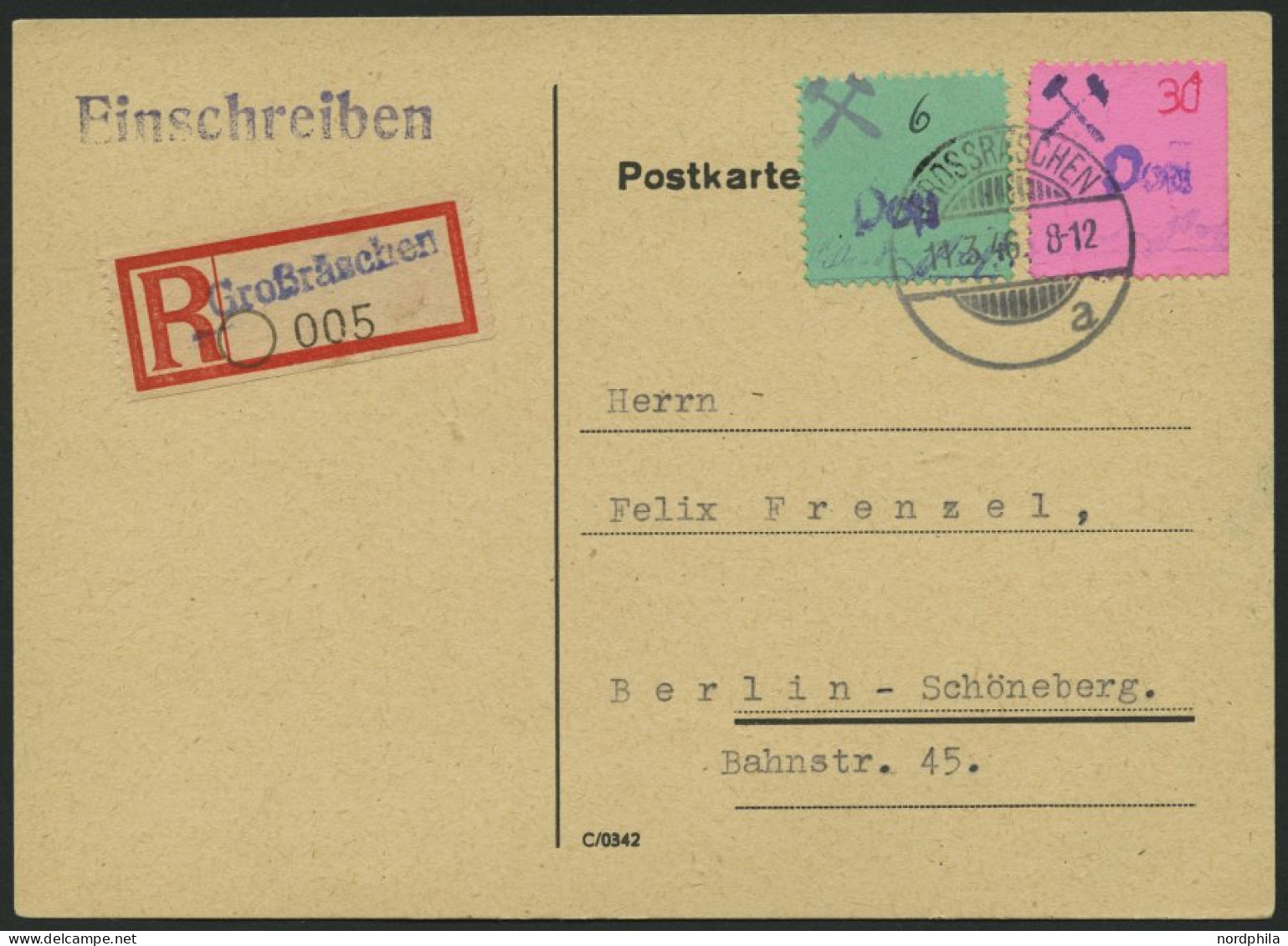 GROSSRÄSCHEN 30F BRIEF, 1946, 30 Pf. Auf Rosa Mit Abart Handstempel Post Blau Und Mi.Nr. 4 Auf Einschreibkarte (ohne Rüc - Correos Privados & Locales