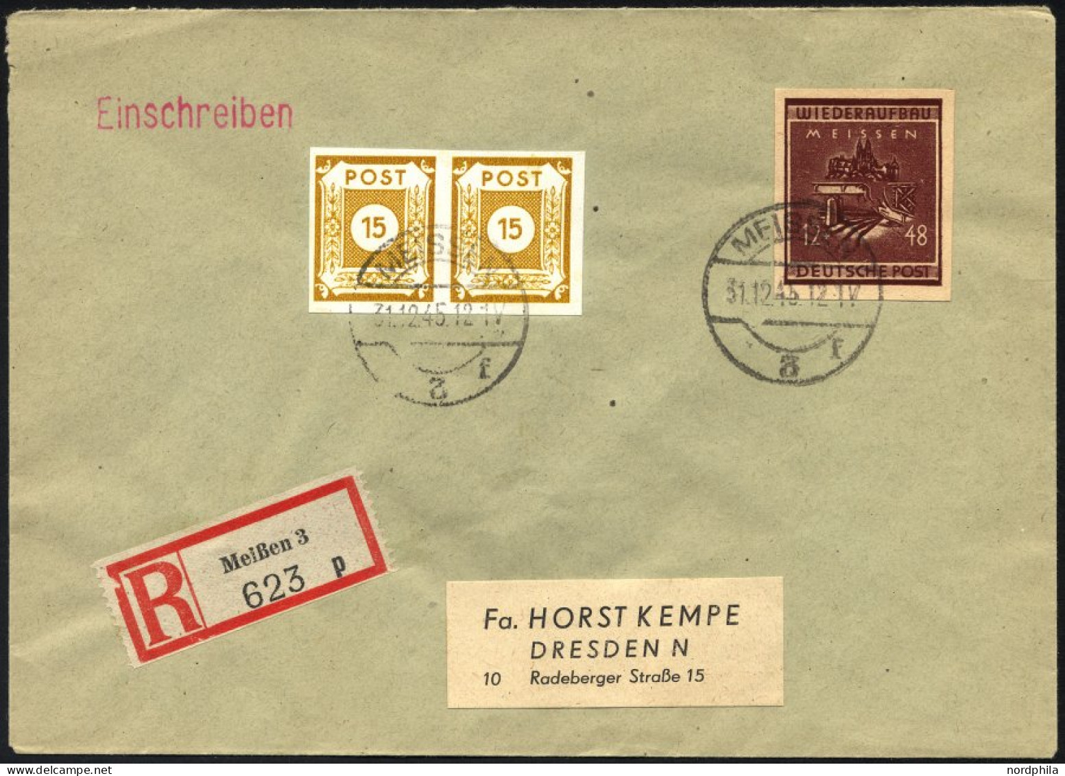 MEISSEN 38bB BRIEF, 1945, 12 Pf. Dunkellilabraun Wiederaufbau Mit Zusatzfrankatur Auf Kempe-Einschreibbrief, Pracht, Gep - Sonstige & Ohne Zuordnung