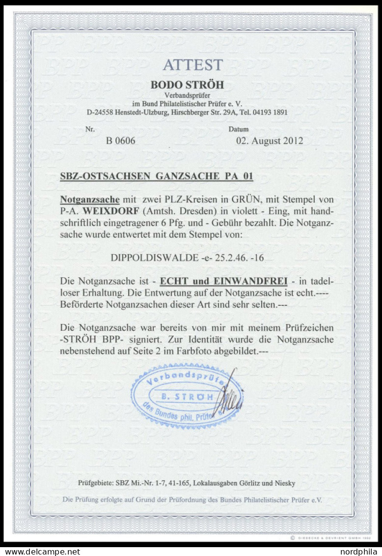 ALL. BES. NOTAUSGABEN P A01 BRIEF, WEIXDORF (KREIS DRESDEN) In Violett, Mit Handschriftlich Eingetragener 6 Pf. Und Gebü - Other & Unclassified