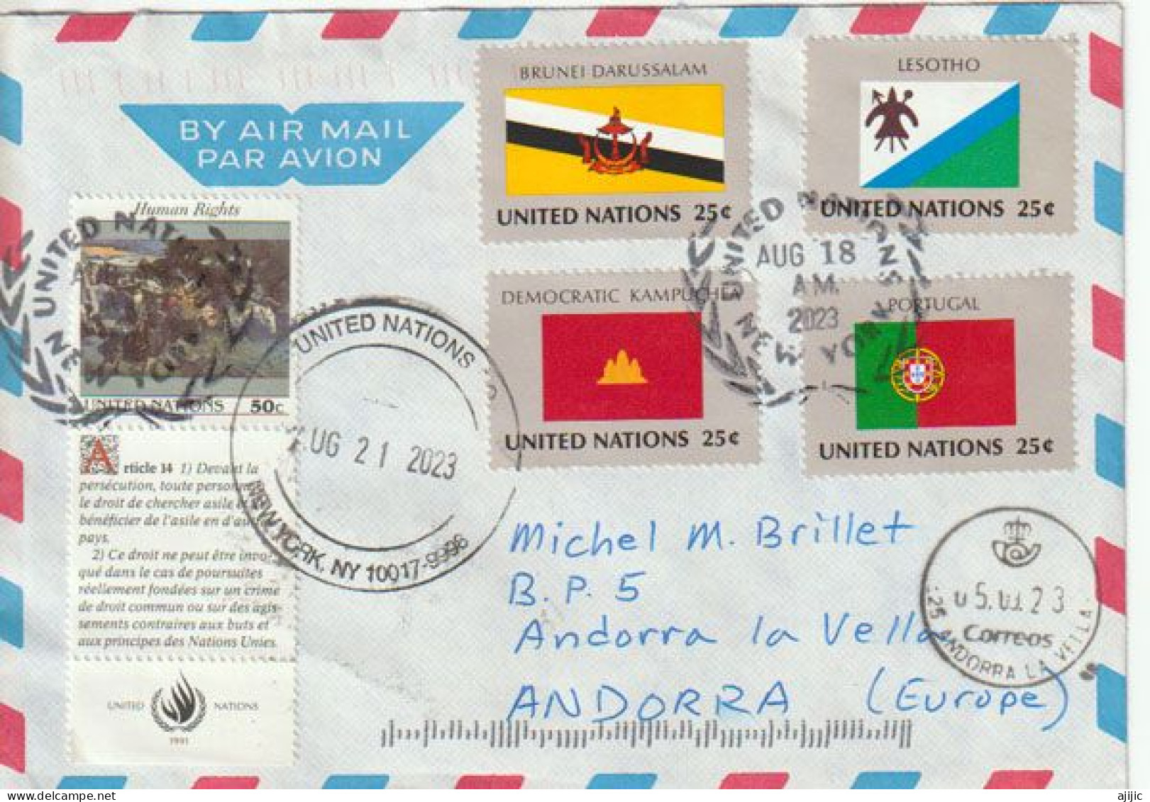 2023. Letter From The Headquarters Of The UN In New-York, To Andorra (Principat) With Arrival Postmark ( 2 Pics) - Cartas & Documentos