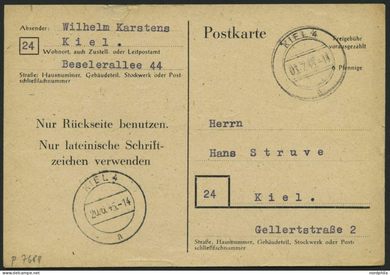 ALL. BES. GANZSACHEN P 768II BRIEF, 1945, 6 Pf. Schwarz, Type II, Stempel KIEL 4, Feinst, Mi. 100.- - Andere & Zonder Classificatie