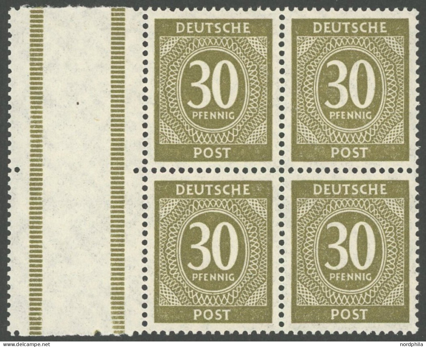 ALLIIERTE BES. 928L , 1946, 30 Pf. Oliv Im Viererblock Mit Zwei Links Anhängenden Leerfeldern (Zwischenstegen), Postfris - Otros & Sin Clasificación