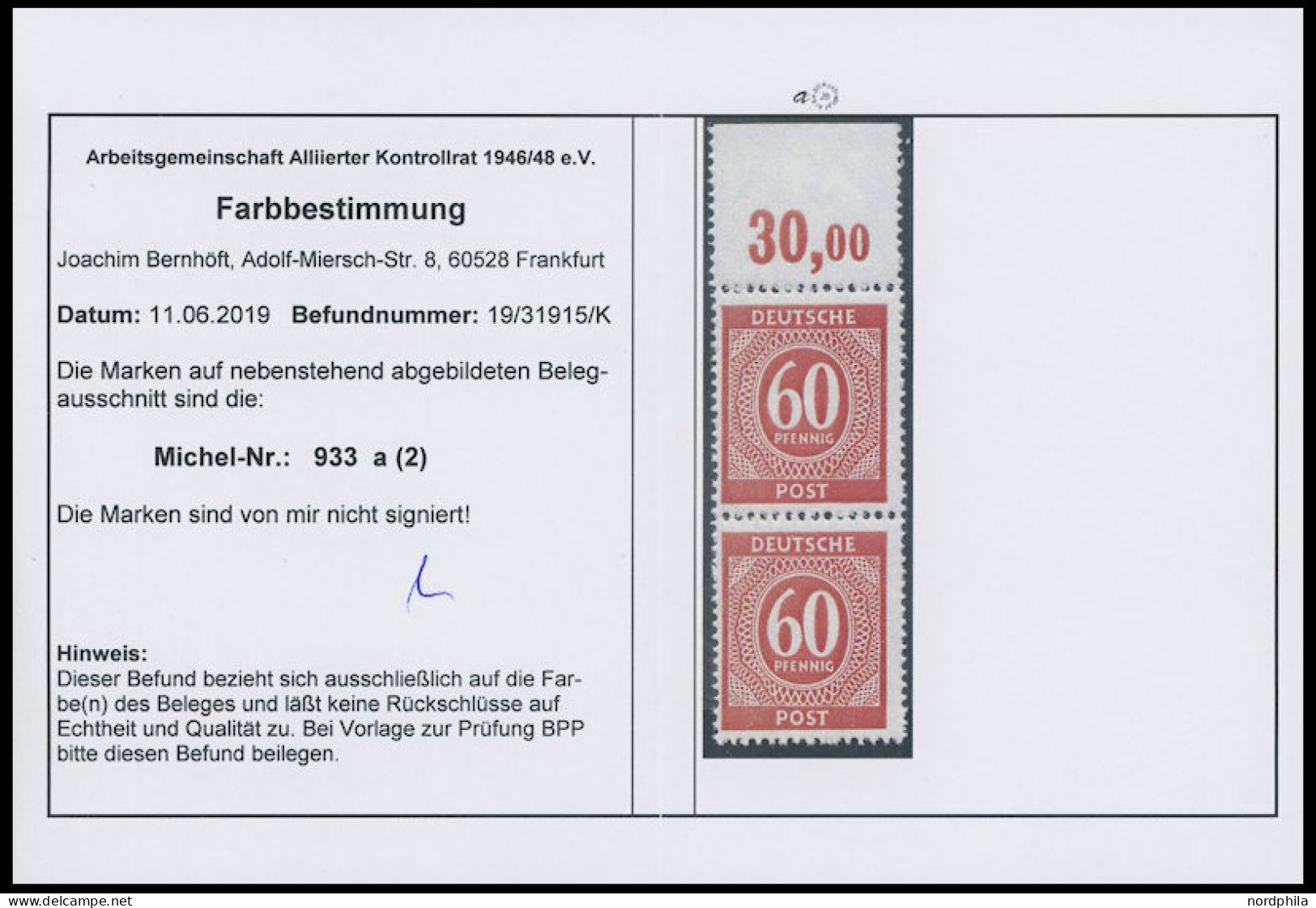 ALLIIERTE BES. 933POR , 1946, 60 Pf. Rot, Oberrandstück, Plattendruck, Durchgezähnt, Pracht, Mi. 250.- - Andere & Zonder Classificatie