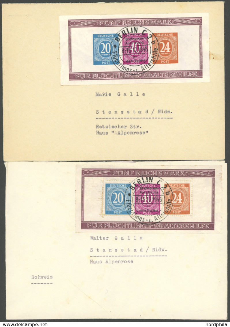 ALLIIERTE BES. Bl. 12A/B BRIEF, 1946, Blockpaar Briefmarken-Ausstellung, Je Auf Brief (vermutlich Nachträglich Aufgekleb - Autres & Non Classés