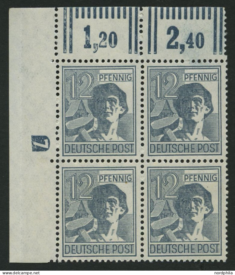 ALLIIERTE BES. 947DZ , 1947, 12 Pf. Grau Mit Druckereizeichen 7 (negativ) Im Oberen Linken Eckrandviererblock, Pracht - Otros & Sin Clasificación