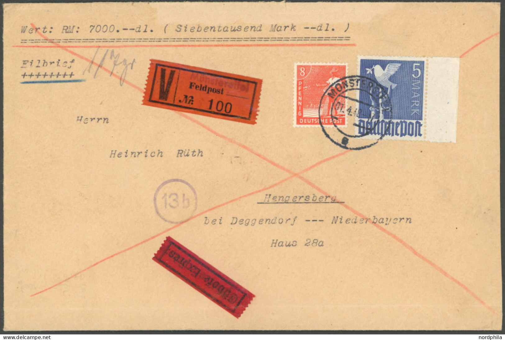 ALLIIERTE BES. 962b BRIEF, 1948, 5 Mk. Violettultramarin Vom Rechten Bogenrand Mit Zusatzfrankatur 8 Pf. Arbeiter Auf Po - Autres & Non Classés