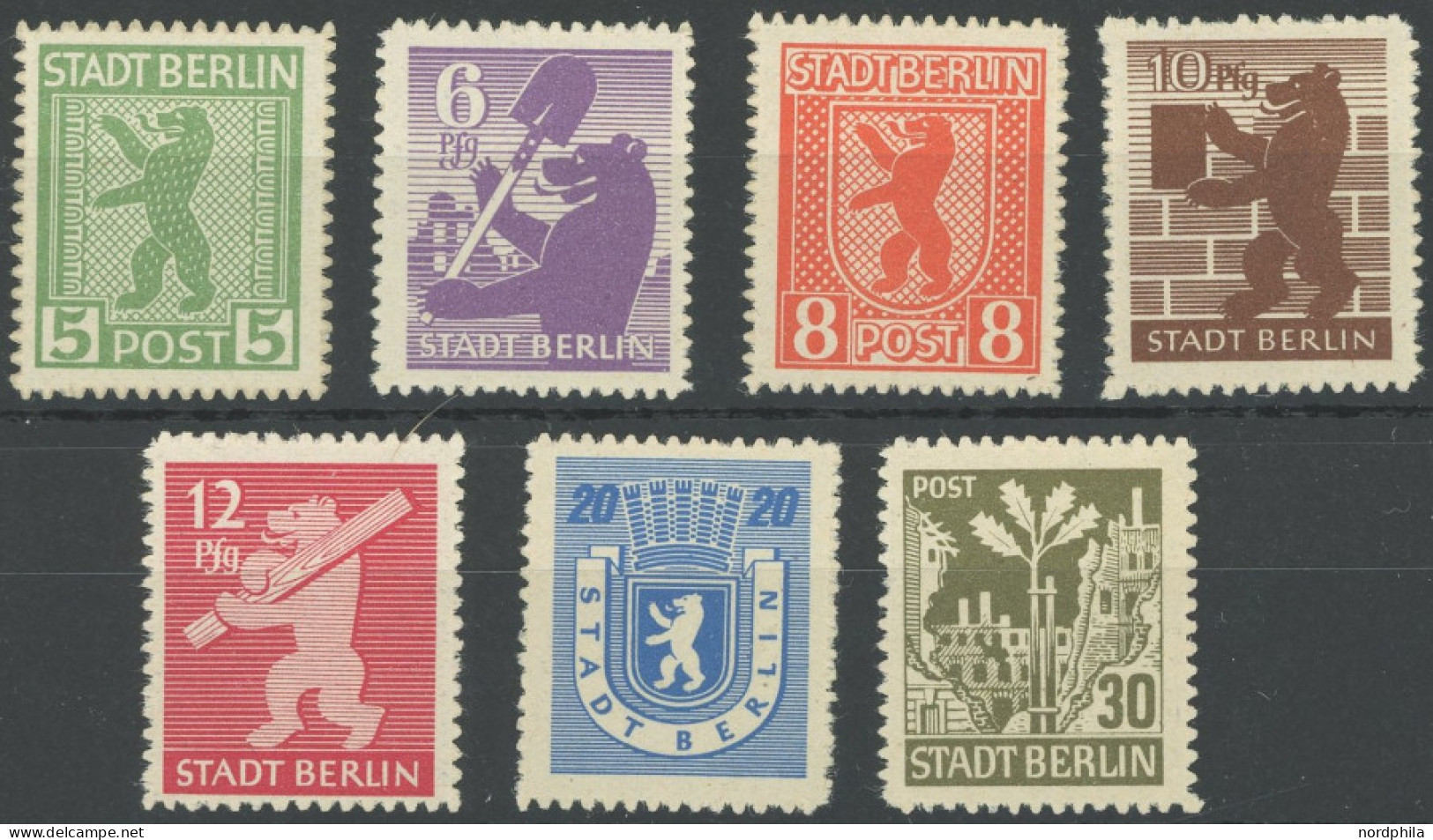 BERLIN UND BRANDENBURG 1-7B , 1945, Berliner Bär, üblicher Durchstich, Postfrischer Prachtsatz, Mi. 180.- - Sonstige & Ohne Zuordnung