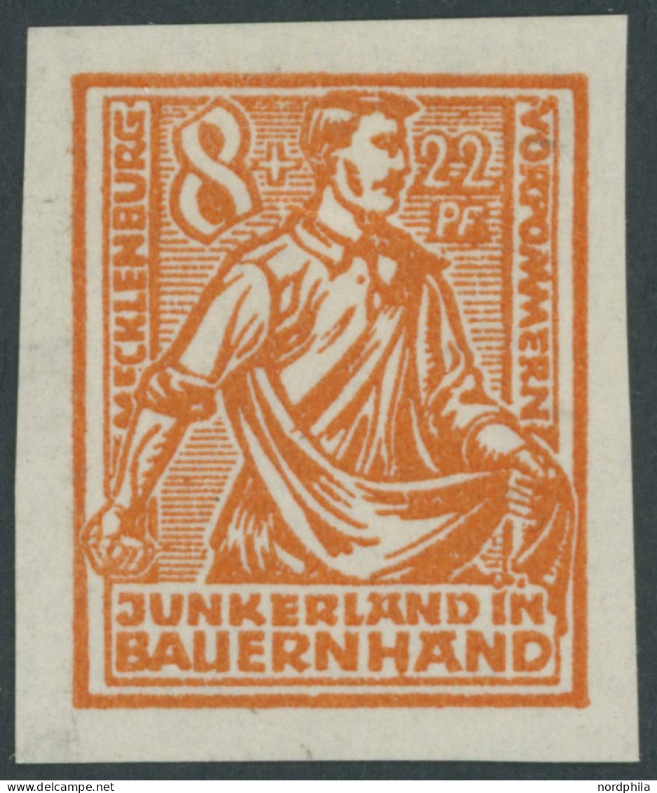 MECKLENBURG-VORPOMMERN 24PIIU , 1945, Probedruck: 8 Pf. Orange, Pergamentpapier, Ungezähnt, Pracht, Mi. 180.- - Other & Unclassified