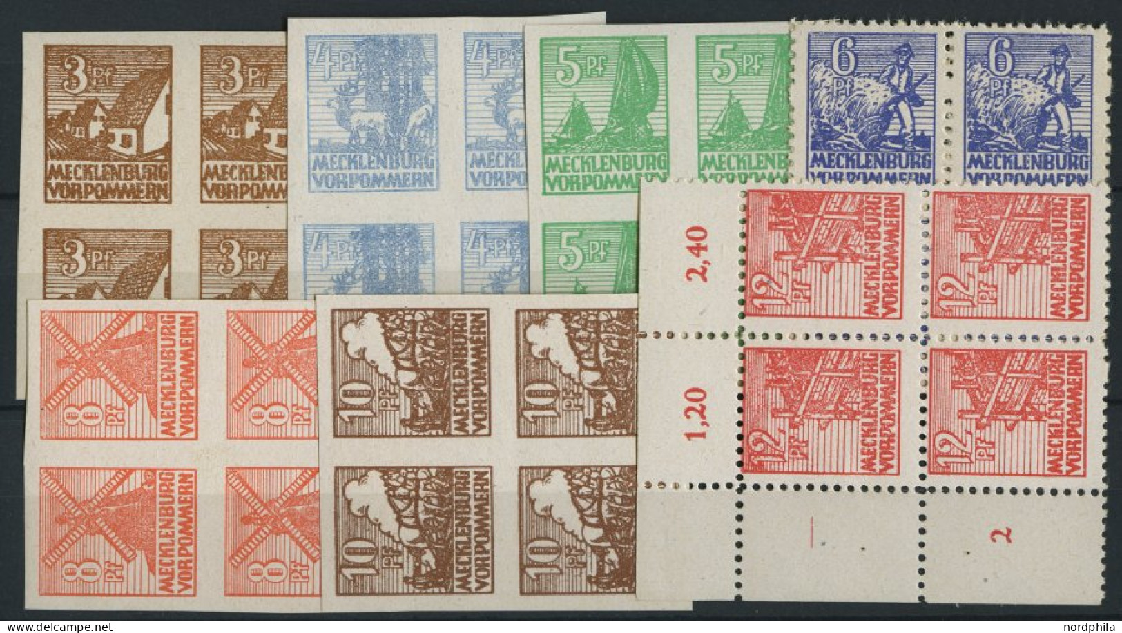 MECKLENBURG-VORPOMMERN 29-36x VB , 1946, 3 - 12 Pf. Abschiedsserie, 1. Auflage, In Viererblocks, Prachtsatz (7 Werte), M - Otros & Sin Clasificación