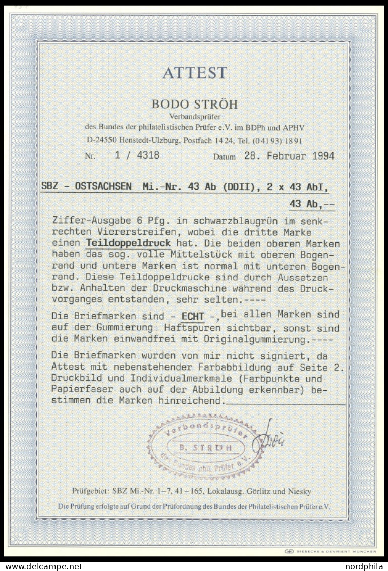 OST-SACHSEN 43AbDDII , 1945, 6 Pf. Schwarzblaugrün Im Senkrechten Viererstreifen, Dritte Marke Mit Seltenem Teildoppeldr - Andere & Zonder Classificatie